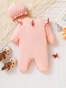 SHEIN Đứa bé gái Thêu hoa Viền Ruffle Áo liền quần & Mũ - Hồng - Xem 2