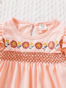 SHEIN Đứa bé gái Thêu hoa Viền Ruffle Áo liền quần & Mũ - Hồng - Xem 3