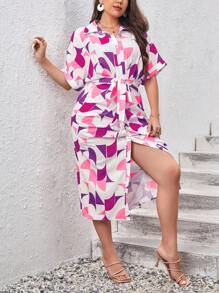 SHEIN Privé Đầm Plus Size Thắt lưng Nút phía trước Hình học Tất cả trên in Giải trí - Màu Hồng Tươi - Xem 3