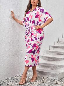 SHEIN Privé Đầm Plus Size Thắt lưng Nút phía trước Hình học Tất cả trên in Giải trí - Màu Hồng Tươi - Xem 4