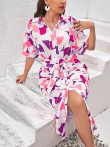 SHEIN Privé Đầm Plus Size Thắt lưng Nút phía trước Hình học Tất cả trên in Giải trí - Màu Hồng Tươi - Xem 5