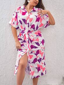 SHEIN Privé Đầm Plus Size Thắt lưng Nút phía trước Hình học Tất cả trên in Giải trí - Màu Hồng Tươi - Xem 6