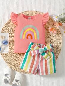 SHEIN Playful Pals Baby Girl Rainbow Print Ruffle Trim Tee & Belted Shorts Set - Multicolor - View 1