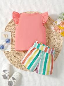SHEIN Playful Pals Baby Girl Rainbow Print Ruffle Trim Tee & Belted Shorts Set - Multicolor - View 2
