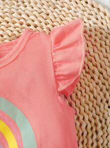 SHEIN Playful Pals Baby Girl Rainbow Print Ruffle Trim Tee & Belted Shorts Set - Multicolor - View 4