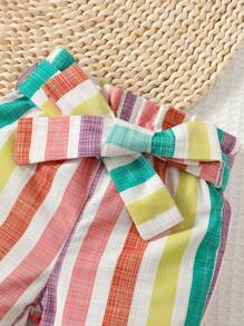 SHEIN Playful Pals Baby Girl Rainbow Print Ruffle Trim Tee & Belted Shorts Set - Multicolor - View 5