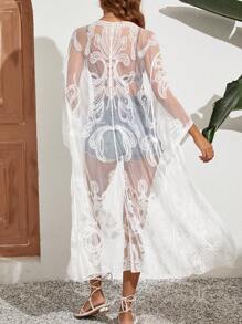 Swim Vcay Kimono de malla con bordado de hombros caídos - Blanco - Ver 2