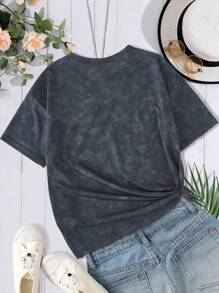 SHEIN Cô gái Tween 1 Miếng Đúng mốt Hoa & Lá thư In hoa rô Vòng cổ Ngắn tay Áo thun - Màu xám đen - Xem 2