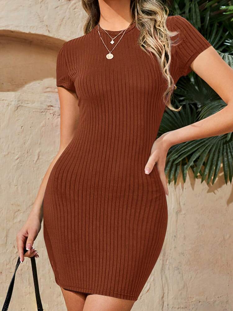 Solid Ribbed Knit Bodycon Dress