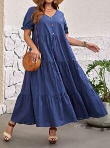 EMERY ROSE Vestido smock de manga farol bajo con fruncido - Azul Marino - Ver 3