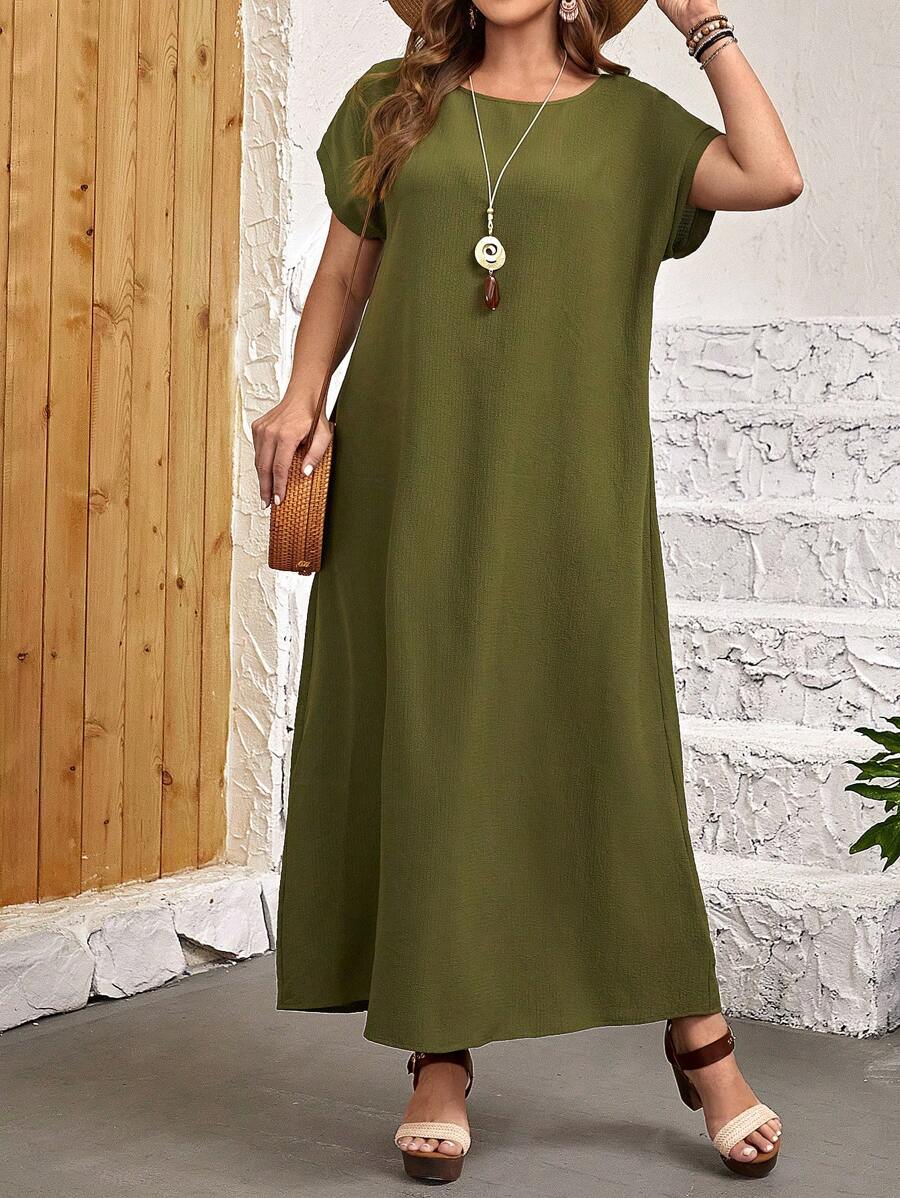 EMERY ROSE Plus Size Vacation Round Neck Short Sleeve Textured Dress,Spring/Summer - Army Green - View 1