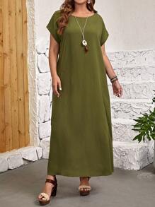 EMERY ROSE 大碼素色蝙蝠袖直筒連衣裙 - 軍綠色 - 查看 4