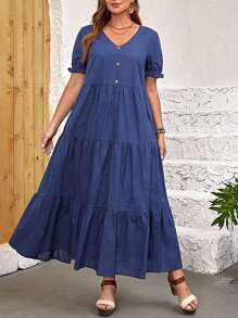 EMERY ROSE Vestido smock de manga farol bajo con fruncido - Azul Marino - Ver 5