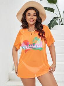 SHEIN Swim Curve Plus Letter Graphic Cover Up Dress - Orange - View 3