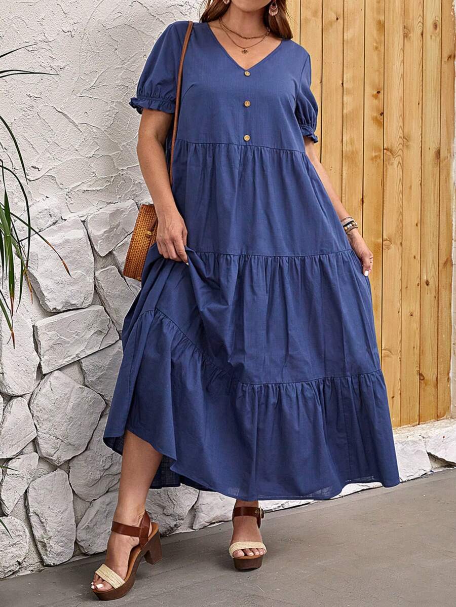 EMERY ROSE Vestido smock de manga farol bajo con fruncido - Azul Marino - Ver 1