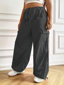 SHEIN EZwear Plus Flap Pocket Side Drawstring Waist Cargo Pants - Dark Grey - View 4