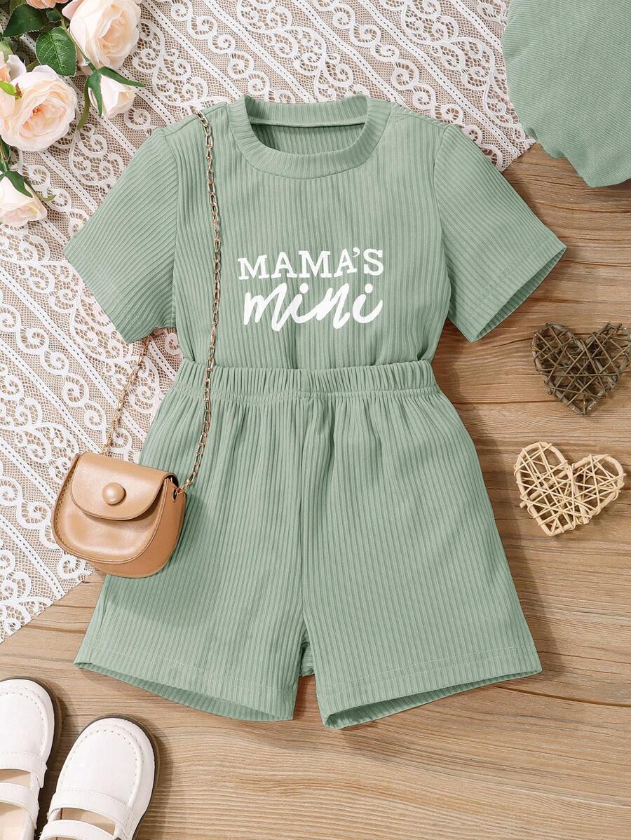 SHEIN 小女童字母圖案條紋針織T恤和短褲 - 薄荷綠 - 查看 1
