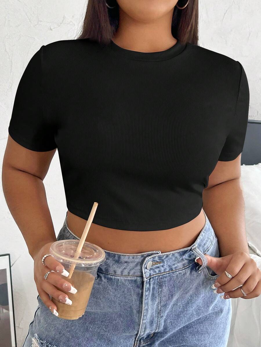 SHEIN EZwear Plus Solid Crop Tee - Black - View 1