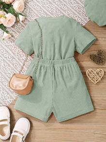 SHEIN 小女童字母圖案條紋針織T恤和短褲 - 薄荷綠 - 查看 2