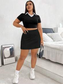 SHEIN EZwear Plus Solid Plicated Detail Skort - Black - View 6