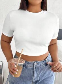 SHEIN EZwear 大碼素色短款T恤 - 白色 - 查看 1