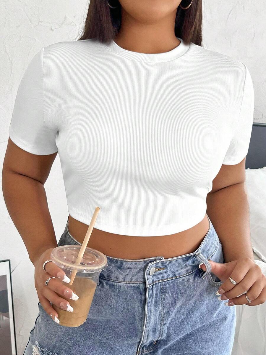 SHEIN EZwear 大碼素色短款T恤 - 白色 - 查看 1