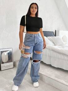 SHEIN EZwear Plus Solid Crop Tee - Black - View 3