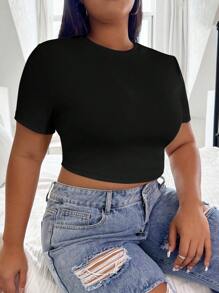 SHEIN EZwear Plus Solid Crop Tee - Black - View 4