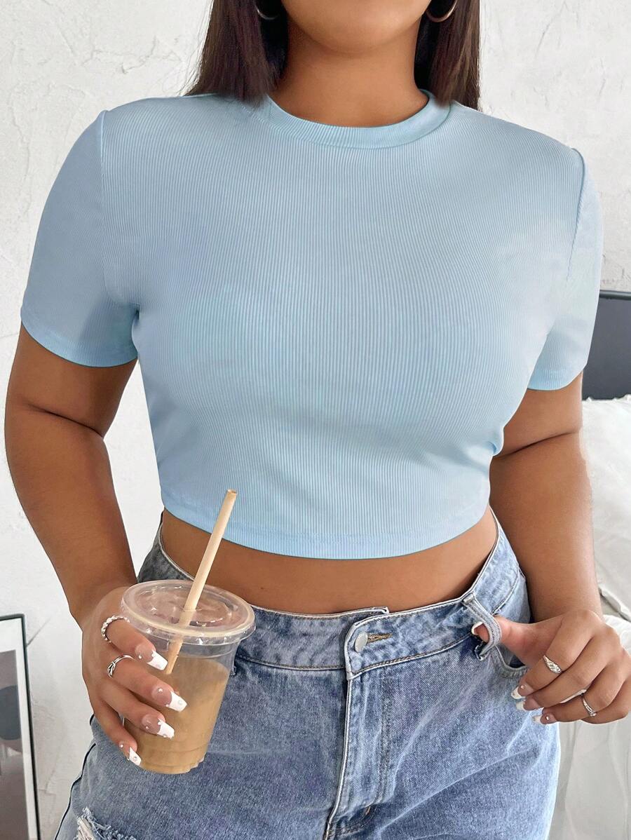 SHEIN EZwear Plus Solid Crop Tee - Baby Blue - View 1