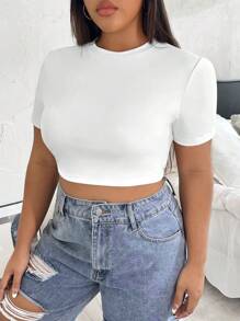 SHEIN EZwear 大碼素色短款T恤 - 白色 - 查看 4