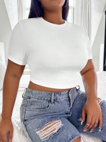 SHEIN EZwear 大碼素色短款T恤 - 白色 - 查看 5