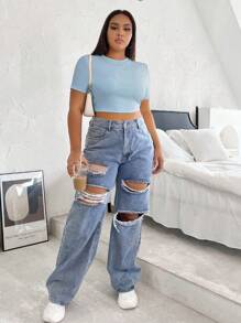 SHEIN EZwear Plus Solid Crop Tee - Baby Blue - View 3
