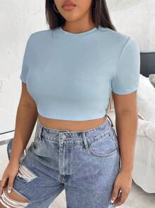SHEIN EZwear Plus Solid Crop Tee - Baby Blue - View 4