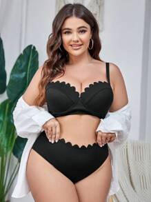 SHEIN Plus Size Scallop Trim Solid Bikini Set Summer Beach - Black - View 4