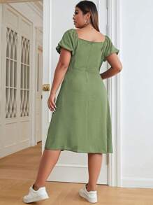 SHEIN Essnce Đầm Plus Size Tách cao Thắt nơ trước Nếp gấp Phần Ngực màu trơn Giải trí - màu xanh lá - Xem 2