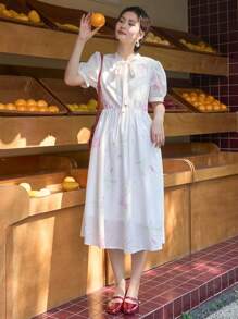 DAZY Floral Print Tie Neck Puff Sleeve Dress - White - View 3