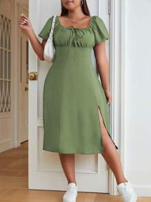 SHEIN Essnce Đầm Plus Size Tách cao Thắt nơ trước Nếp gấp Phần Ngực màu trơn Giải trí - màu xanh lá - Xem 3