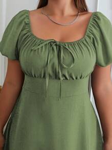 SHEIN Essnce Đầm Plus Size Tách cao Thắt nơ trước Nếp gấp Phần Ngực màu trơn Giải trí - màu xanh lá - Xem 4