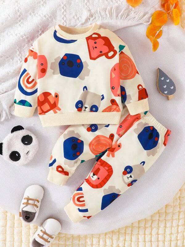 Bébé Garçon Automne Col Rond Sweat-shirt Et Pantalon De Survêtement Set , Imprimé Animaux De Dessin Animé 2 pièces