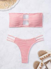 SHEIN Swim Bộ bikini Bandeau trơn bãi biển mùa hè Bộ hai mảnh màu hồngBộ hai mảnh bikini Vacation Bộ hai mảnh mùa hè - Hồng - Xem 3