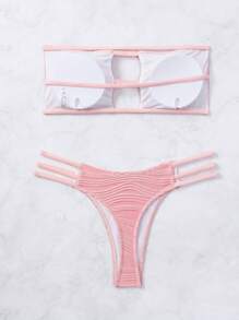 SHEIN Swim Bộ bikini Bandeau trơn bãi biển mùa hè Bộ hai mảnh màu hồngBộ hai mảnh bikini Vacation Bộ hai mảnh mùa hè - Hồng - Xem 4