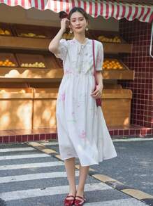 DAZY Floral Print Tie Neck Puff Sleeve Dress - White - View 5