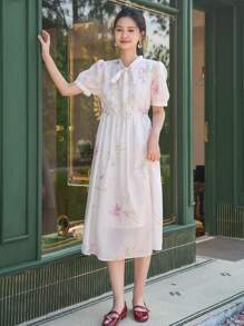 DAZY Floral Print Tie Neck Puff Sleeve Dress - White - View 7