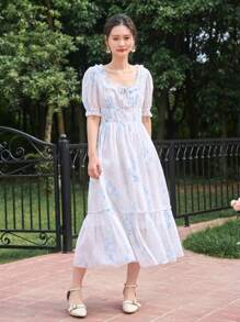 DAZY 花卉印花泡泡袖荷叶边下摆连衣裙太阳裙 - 白色 - 查看 8