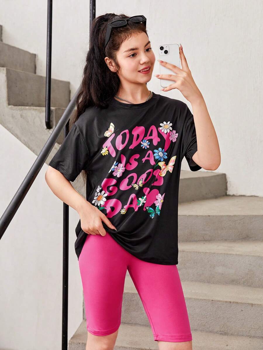 SHEIN 青少年女孩花和標語圖案落肩T恤和騎行褲