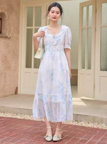 DAZY 花卉印花泡泡袖荷叶边下摆连衣裙太阳裙 - 白色 - 查看 4