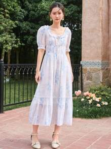 DAZY 花卉印花泡泡袖荷叶边下摆连衣裙太阳裙 - 白色 - 查看 5