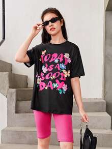 SHEIN 青少年女孩花和標語圖案落肩T恤和騎行褲