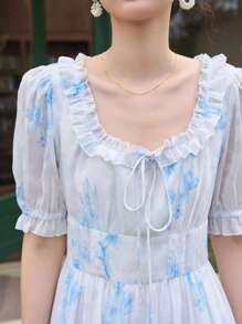 DAZY 花卉印花泡泡袖荷叶边下摆连衣裙太阳裙 - 白色 - 查看 6