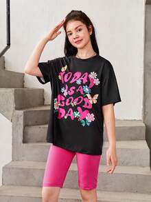 SHEIN 青少年女孩花和標語圖案落肩T恤和騎行褲